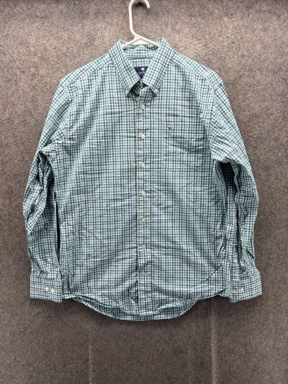 Southern Shirt Men Medium Green Blue Casual Button Down Check Plaid Stretch
